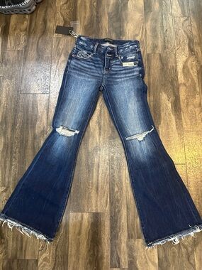Buckle Dark Blue Distressed Flare denim
